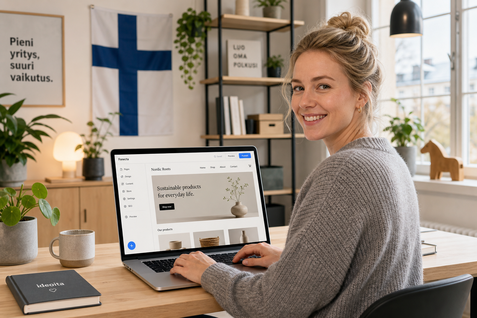 Pienyritt&auml;j&auml; k&auml;ytt&auml;&auml; kannettavaa tietokonetta ja suunnittelee yrityksens&auml; kotisivuja